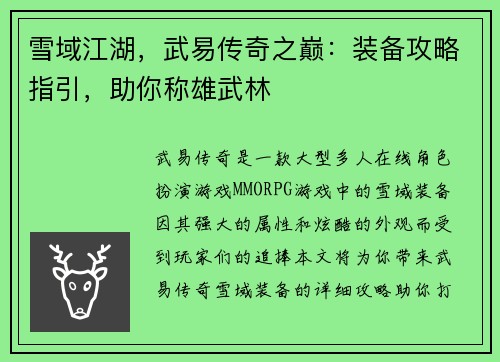雪域江湖，武易传奇之巅：装备攻略指引，助你称雄武林